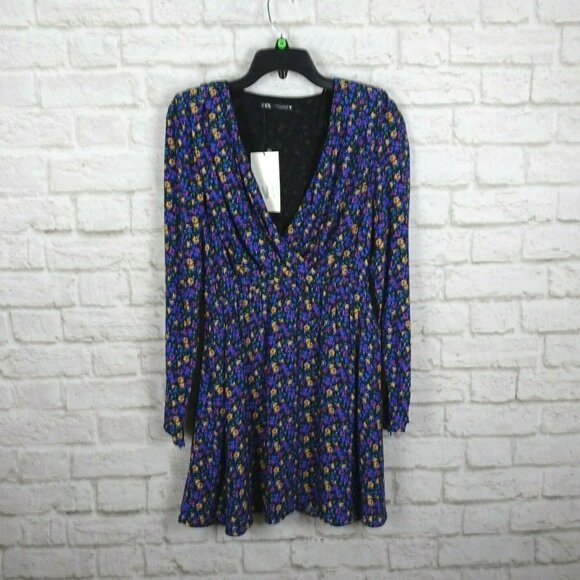 NWT ZARA Wrap Dress Floral Shoulder Pad Bohemian Flowy Long Sleeves Zipper M - Picture 3 of 13